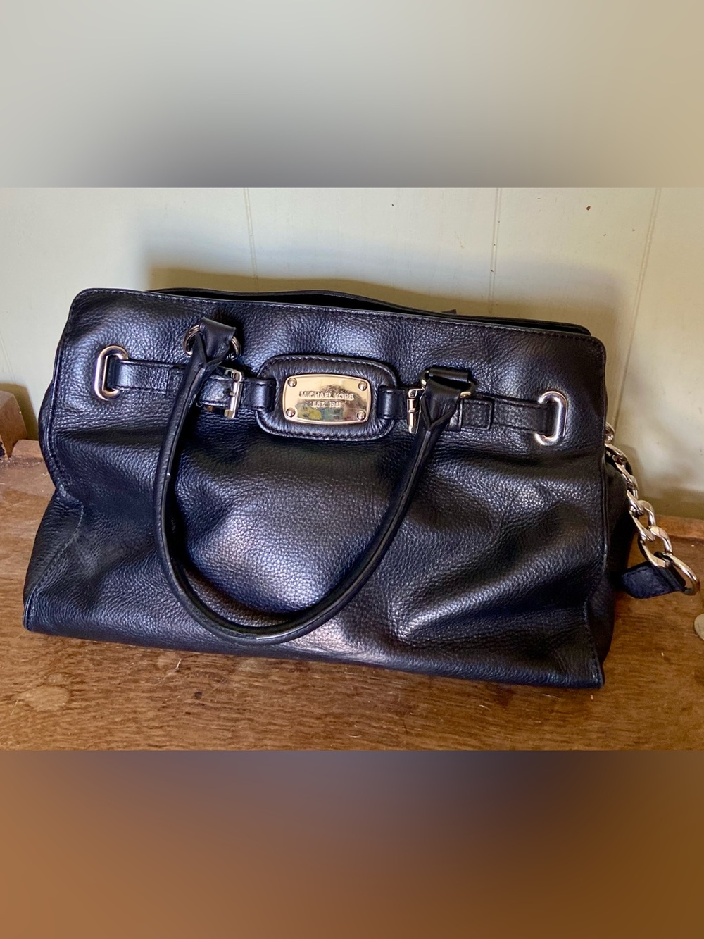 Michael Kors Black Pebbled Leather Satchel with Silver-Tone Plaque